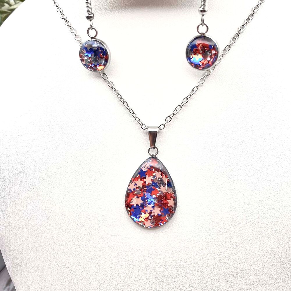 Handmade Patriotic Red White Blue Glitter Teardrop Necklace & Earrings Set